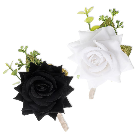 2PCS Rose Corsage for Men Women Black White Handmade Rose Boutonniere Artificial Corsage for Prom Wedding Party Festival Accessories