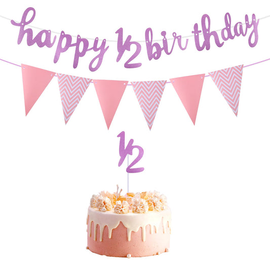 Happy 6 Months Birthday Banner Glitter 1/2 Half Year Cake Topper Triangle Flag Banner Happy 1/2 Birthday Decorations for Half Year Baby Shower Birthday Party Decoration, Pink