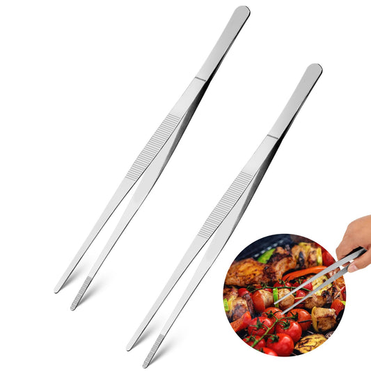 2 Pcs 12-inch Stainless Steel Kitchen Tweezers, Extra Long Cooking Tongs Culinary Fine Tweezer Tongs Multi-Function Stainless Steel Kitchen Utensils for Cooking Seafood BBQ Camping Essentials