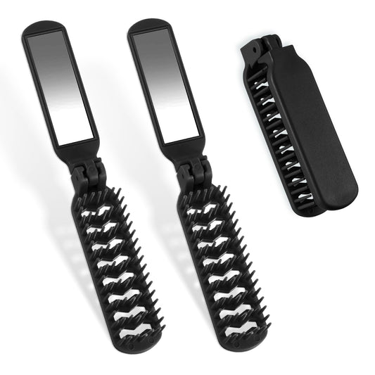 Mini Hair Brush with Pocket Mirror, 2 Pack Portable Compact Brush Purse Folding Hair Comb Vent Brush Wet Hair Brush Detangling Brush Small Travel Size Hair Brushes for Women, Men and Girls - Black