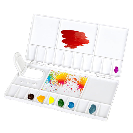 Folding Watercolor Paint Palette Case, 25 Compartments Paint Mixing Palette, Plastic Paint Palette Tray with Thumb Hole, Portable White Paint Palette with Lid, Watercolor Paint Tray