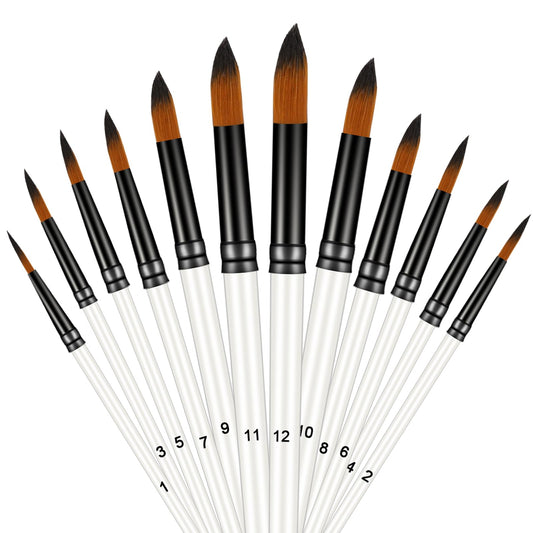 12 Pcs Paint Brush Set for Acrylic Painting, Flat Tip Watercolor Gouache Artist Brush Professional Painting Kits with Nylon Tips for Drawing Painting (Round Tip)