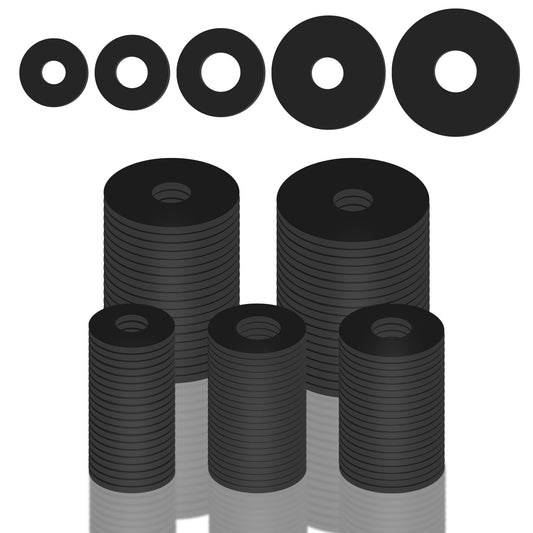 100pcs Rubber Washers Assortment Kit, 16/18/20/25/30mm Rubber Washers Plumbing for Shower Head, Flat Rubber Washers Vibration Damping Pads for Bolts Faucets Screws Garden Hose （Black）
