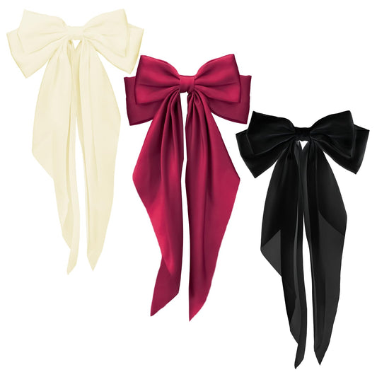 Silky Satin Hair Bows, 3 PCS Big Black White Red Bowknot Set Metal Spring Clip Oversized Long Tail Hair Ribbons Ponytail Holder French Barrettes Hair Accessories for Women, Christmas Gifts