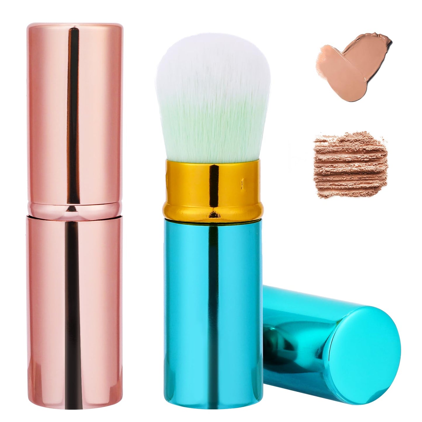 Retractable Foundation Brush,2 Pack Travel Blush Brush Kabuki Brush Portable Powder Foundation Brush with Cover for Blush, Bronzer, Buffing, Highlighter Powder Cosmetics (Blue & Pink)