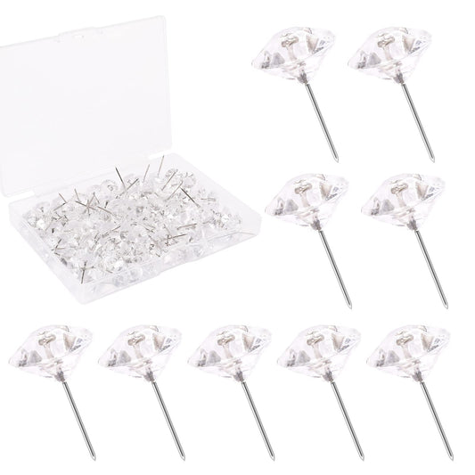 Decorative Push Pins for Cork Board,100Pcs Decor Push Pins Clear Push Pins Transparent Diamond Thumb Tacks Crystal Head Tacks for Wall Hangings Posters,Office,Maps,Sofa,Office,Classroom