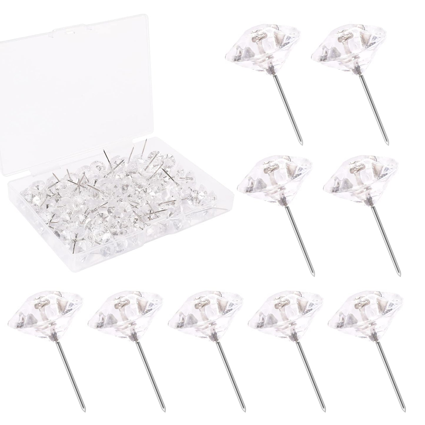 Decorative Push Pins for Cork Board,100Pcs Decor Push Pins Clear Push Pins Transparent Diamond Thumb Tacks Crystal Head Tacks for Wall Hangings Posters,Office,Maps,Sofa,Office,Classroom