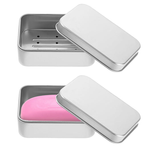 2 PCS Soap Tins, Reusable Soap Case with a Lid, Rectangular Aluminum Silver Soap Tin Soap Dishes for Home, Bathroom, School, Travel, Storage Case, Candy, Earrings, Key