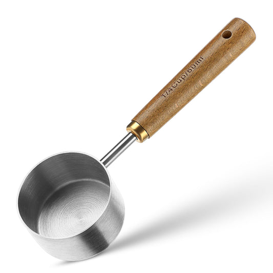 1/4 Cup Measuring Scoop, 60ml Measuring Scoop, Quarter Cup Measure with Wooden Handle, Baking Stainless Steel Titanium-Plating Measuring Cup Scoop Tea Coffee Measuring Tool(Silver)