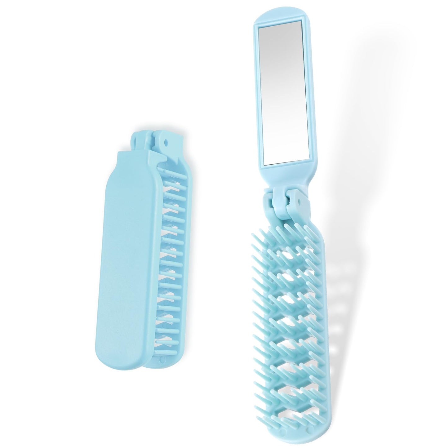 Travel Brushes for Hair, Folding Travel Hair Brush with Mirror Blue Pocket Combs Portable Travel Comb Slick Back Hair Brush Compact Brush for Men Women Thick Thin Curly Straight Wet Dry Hair