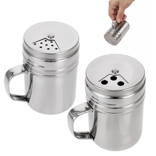 Pack of 2 Powdered Sugar Shaker Stainless Steel Powder Shaker with Handle Spice Shaker Sugar Dispenser Flour Sieve with Lid Coarse Shaker for Sugar Pepper Cinnamon Powder Kitchen Baking