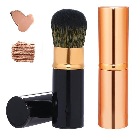 Retractable Blusher Brush with Cover, 2 Pack Travel Kabuki Bronzer Makeup Brush Liquid Cream Foundation Powder Brush Extensible Face Blender Brush Professional Concealer Brush for Women (Gold & Black)