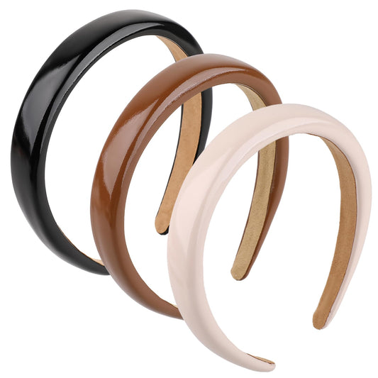 3 Pcs Leather Padded Headbands, Fashion Headwear Non-slip Padded Headbands Solid Color Leather Headband Soft PU Head Bands for Women Girls(Black Brown Beige)