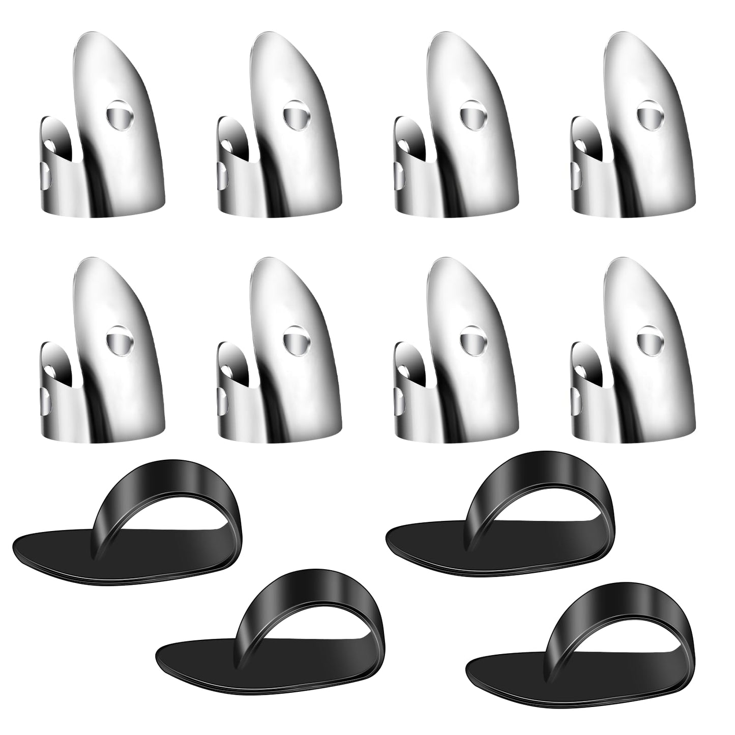 12pcs Adjustable Finger Thumb Picks Set, Thumb and Finger Picks Pack, 8pcs Stainless Steel Finger Picks, 4pcs Plastic Thumbpicks for Harp, Bass Pick, Guitar (Silver, Black)