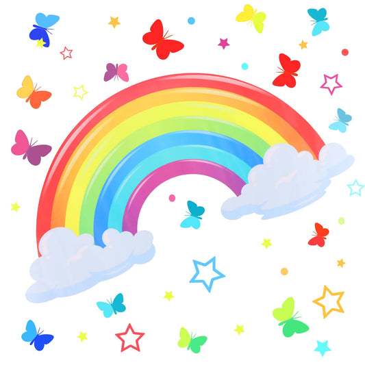 Rainbow Wallpaper with Butterflies Clouds Stars Large Rainbow Wall Stickers Removable Colorful Wall Decals for Girls Kids Bedroom Living Room Window Art Decoration