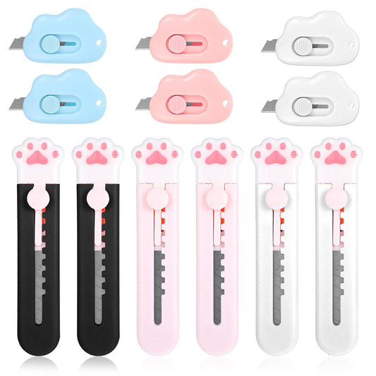 12 PCS Cute Box Cutter, Mini Retractable Box Cutter Cute Cloud and Cartoon Cat Claw Box Cutters Utility Box Knife with Smooth Pointed Portable Small Box Cutter for Office Home Envelope Package Opener