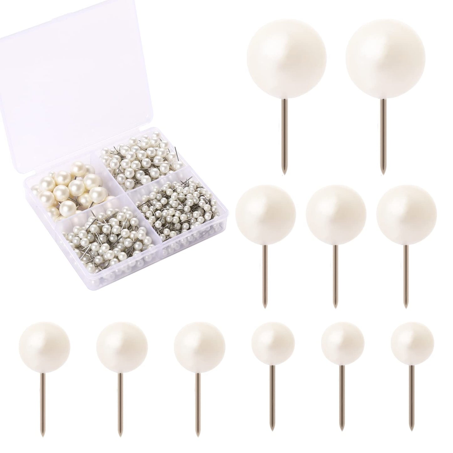 525Pcs Pearl Head Pins,4/5/6/10mm Diameter Pearl Push Pins Plastic Pushpins with Steel Points Thumb Tacks Round Head Pins Corsage Pins Round Faux Pearl Head Pins for Sewing Craft Wedding Decor
