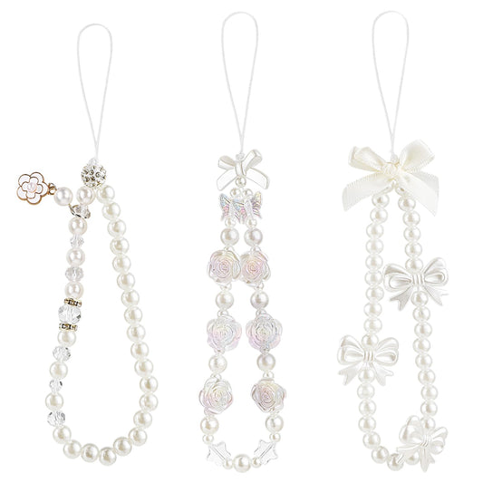 KALIONE 3 Pcs Pearl Bow Phone Charms Strap Phone Case Charms, Lanyard Butterfly Bow Flower Phone Charms Strap, Cute Phone Bracelet Charms Aesthetic Pearl Phone Chain