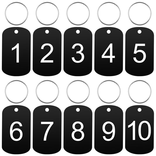 1-10 Aluminum Engraved Number Tags Numbered Keychain Tags ID Tags with Key Rings for Dormitory Keys House Lockers, Black