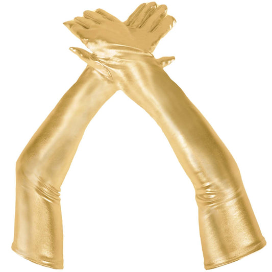 KALIONE Gold Gloves Gold Metallic Gloves, Women Long Gloves, Leather Sparking Women Gloves, Gold Shiny Long Gloves for Women, Women Long Cosplay Dress Finger Gloves(1 Pair)