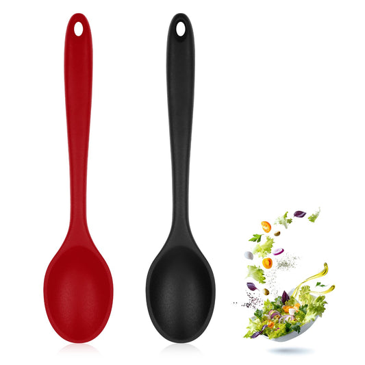 2Pcs Silicone Nonstick Mixing Spoon Heat Resistant Silicone Basting Utensil Spoon Non Stick Serving Spoon for Kitchen Baking Serving Stirring(Red,Black）