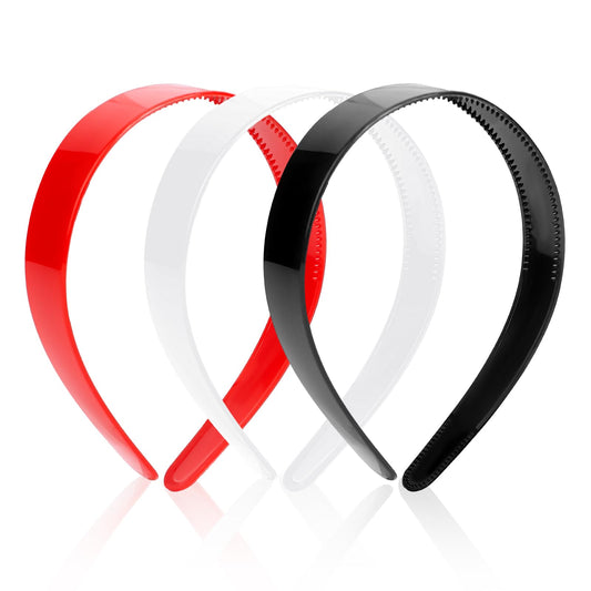 KALIONE 3 Pcs Plain Craft Headband Plastic Headband with Teeth 1 Inch Wide Hard Plastic Hairband Nonslip Craft Hair Hoops for Women Girls Hair Accessories(Red, White, Black)