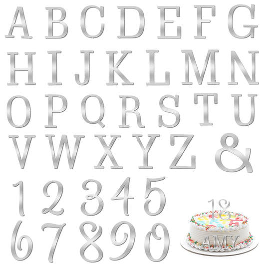 37 Pcs Acrylic Number Letters Cake Topper, with Silver A-Z Letters and 0-9 Numbers Mirrored Cake Decoration Picks, DIY Cupcake Toppers for Birthday Wedding Cake Decor Party Supplies