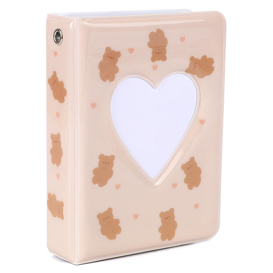 40 Pockets Photo Binder Album 3 Inch Mini Photo Album, Mini Kpop Photocard Holder Book Heart Hollow Card Binder Photo Album Portable Picture Collection Storage with Pendant (Beige Bear)