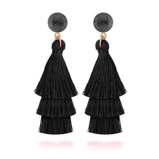 KALIONE Colorful Tassel Earrings for Women, 3 Tier Layered Bohemian Earrings Fringe Dangle Drop Rave Earrings Tiered Thread Tassel Earrings Jewelry Gift for Women Girls(Black)