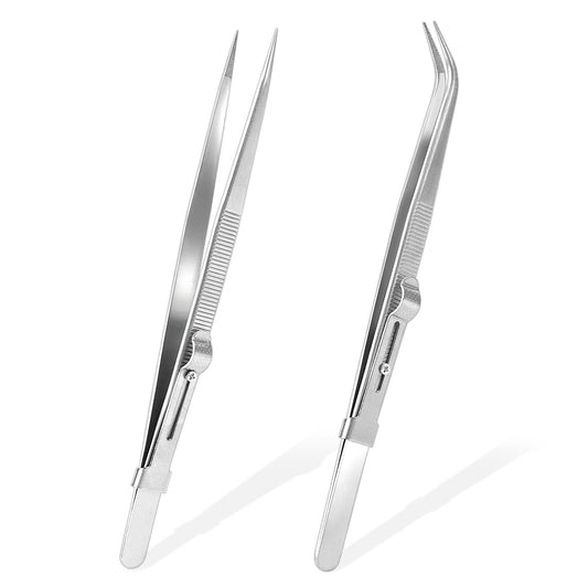 2pcs Diamond Tweezers Jewelry Gem Stone Tweezers Precision Curved Anti-Static Stainless Steel Slide Locking Non-Slip Pointed Tip Tweezers with Slot for Crafts Stamps Beads Jewelry Electronics Tools