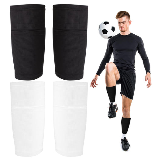 2 Pairs Soccer Shin Socks Sleeves Football Sleeve Socks with Pocket White Black Breathable Soccer Shin Guard Sleeves, Cut Socks Football Straps Shin Pad Sleeve Holder Compression Socks