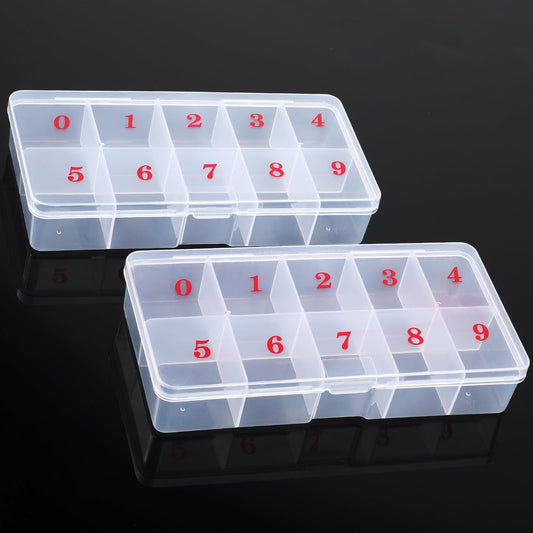 2 Pack 10 Spaces Compartments False Nail Art Tips Storage Box with Numbers Translucent Plastic Nail Art Container for Small Items Beads Tools Travel