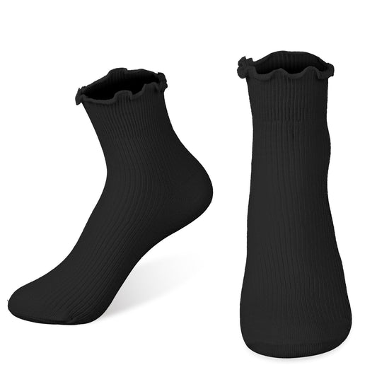 KALIONE Black Ruffle Crew Socks, Cute Ruffled Ankle Socks for Women Girls, Cotton Knit Lettuce Frilly Socks Athletic Socks, Cotton Frilly Boot Ankle Socks (Black,6-8)