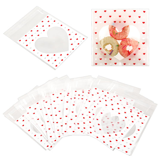 100 Pcs Heart Cookie Bags Cookie Bag Clear Bags for Sweets Small Clear Heart Bags Red Valentines Cookie Bags Self Sealing Goodies Bags Resealable Treat Bags for Snack, Candy, Sandwich, Gift