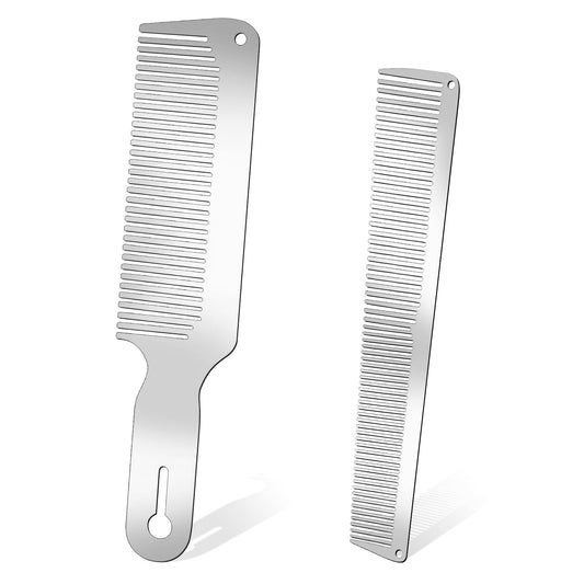 Metal Comb Set, 2 PCS Stainless Steel Barber Comb Professional Fine Styling Hair Cutting Comb Flat Top Blending Comb Travel Detangling Comb for Women Men Home Salon Stylists Barbers Supplies (Silver)