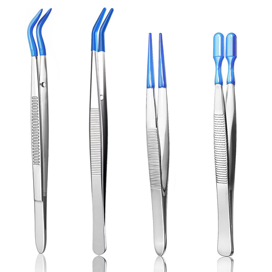 4 Pieces Rubber Tip Tweezers, PVC Coated Stainless Steel Straight Flat and Bent Tip Tweezer Set for Crafts Stamps Beads Jewelry Lab Tools, Blue