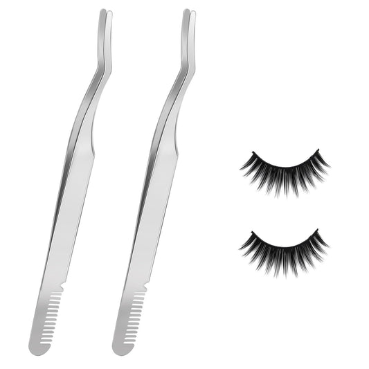 2 Pcs Curved Lash Tweezers 2 in 1 Eyelash Tweezers Lash Extension Tweezers with Lash Comb Stainless Steel Double-Ended Cluster Eyelash Tweezers Eyelash Applicator for False Lash (Silver)