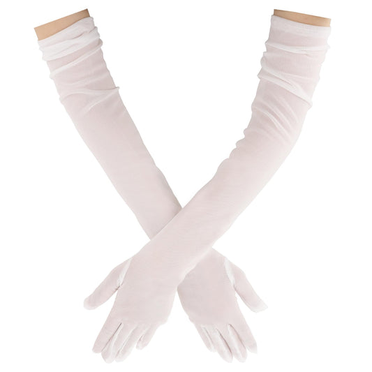 Hariendny Women's Tulle Gloves Sheer Gloves White Mesh Gloves Stretchy Long Nylon Gloves Elbow Length Gloves Elegant White Lace Gloves Wedding Gloves Wedding Silk Gloves Dress Gloves for Party Opera