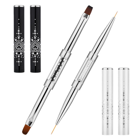 2pcs Hard Gel Nail Brush, Builder Gel Brushes for Design Nails, French Manicure Brush French Tip Nail Gel Liner Brush Dual-Ended Nail Design Brushes Rhinestone Handle Nail Brush Professional Nail Art