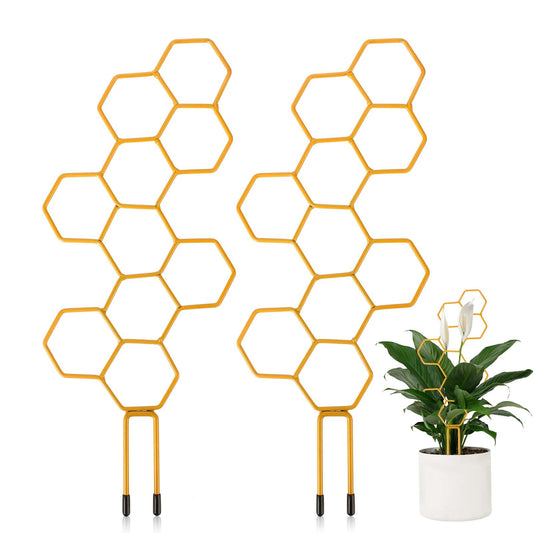 2 Pcs Small Plant Trellis 13.4" Small Trellis for Potted Plants Honeycomb Metal Potted Trellis for Climbing Plant Flower Stem Vines Support Garden Decor Accessories (Gold)