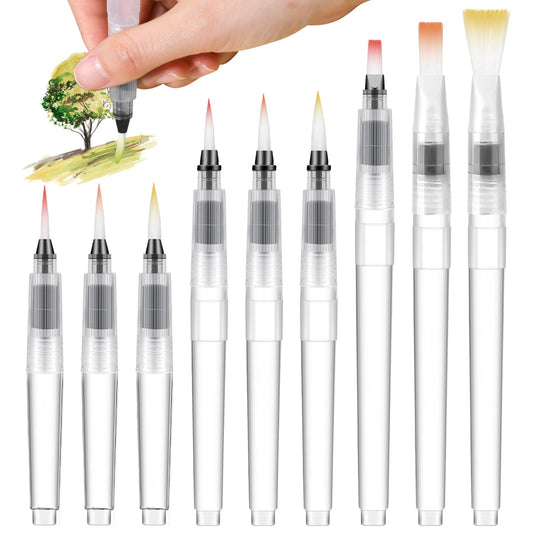 Pack of 9 Water Brush Pens, Watercolour Pens, Watercolour Brush, Refillable Water Tank Brush, Watercolour Brush Pens, Refillable Watercolour Brush Pens, Water Brush Pens for Mixing Watercolour Paints