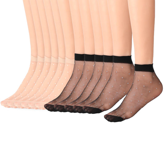 KALIONE 12 Pairs Women's Ankle High Sheer Socks, Small Polka Dots Ankle Socks, Black Ultra Thin Summer Dot Sheer Ankle Socks, Nude Silk Socks for Women (Black & Nude)