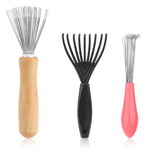 3Pcs Hair Brush Cleaner Tool Comb and Brush Cleaner Tool Set with Rake Design Metal Wire Comb Cleaners Wooden Handle Hair Remover Mini Instrument for Home and Salon Use Removing Dust Dirt
