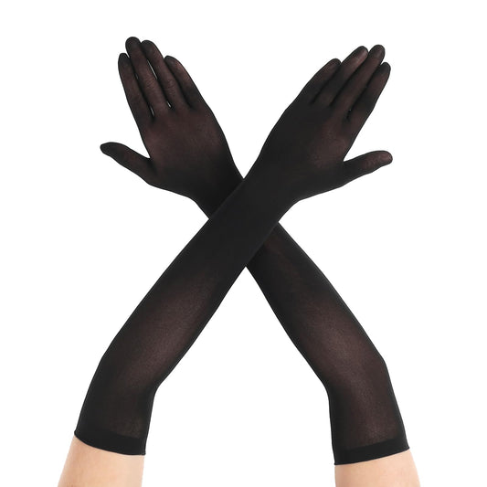 Mozeat Lens Mesh Gloves Long Black Gloves Stretchy Tulle Sheer Gloves Women Formal Prom Costume Wedding Opera Halloween Party 1920's Dance Gloves Black Lace Gloves, 21Inch