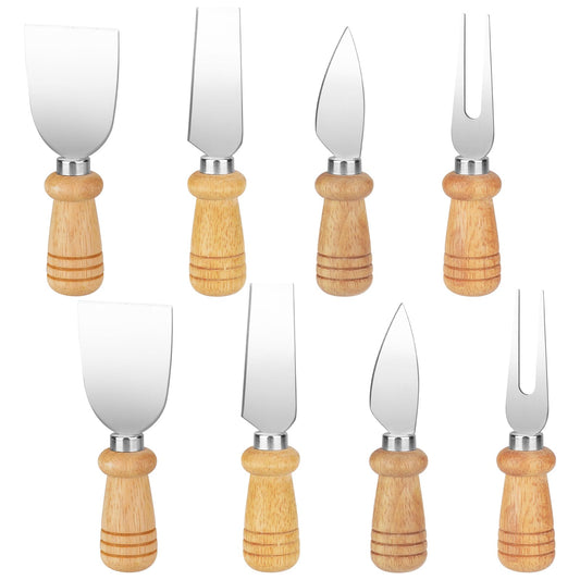 KALIONE 8 PCS Cheese Knives Set with Wooden Handle, Butter Cutter, Mini Stainless Steel Cheese Fork Knives Shovel for Cheese Slicer, Cake, Dessert and Butter Cutter(2 Sets)