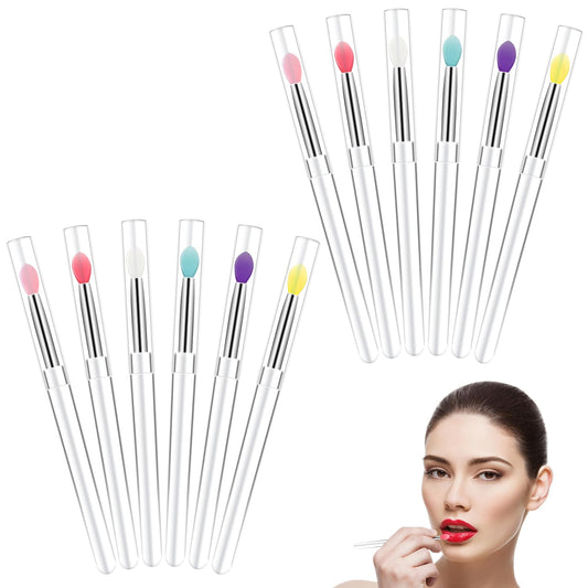 12 Pcs Silicone Lip Applicator Silicone Lip Brush with Transparent Handles and Caps, Lip Brush Applicator Silicone Lip Brush, Reusable Lip Mask Applicator(6 Colors)