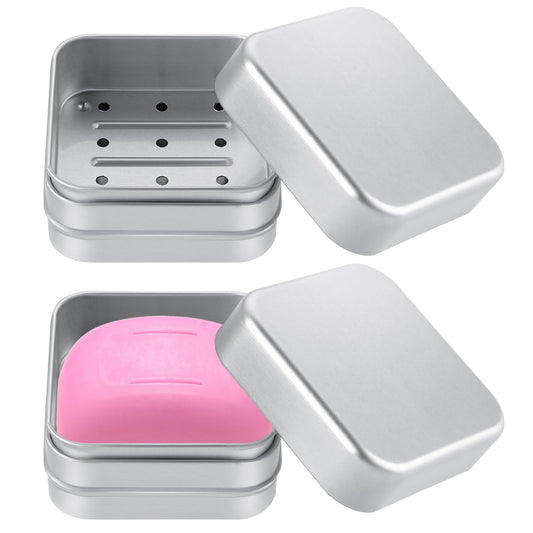 Soap Tin, 2 PCS Soap Tins Made of Aluminum, Soap Tin Travel with Draining Rack, Waterproof Soap Dish Made of Pure Aluminum, Double Layer Soap Dish with Lid for At Home or When Traveling