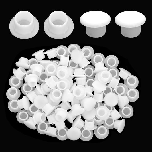120 Piece White Plastic Plugs 8mm White Hole Plugs Plastic Screw Caps Round Button Flush Type Hole Plugs Screw Hole Plugs Snap in Locking Hole Tube Plastic Hole Cover for Cabinets Shelves