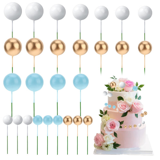 30PCS Balls Cake Topper Balloons Cupcake Topper Foam Ball Insert Cake Decoration for Weddings Anniversaries Birthdays Baby Showers(White, Gold, Blue 2/2.5/3/4 cm)