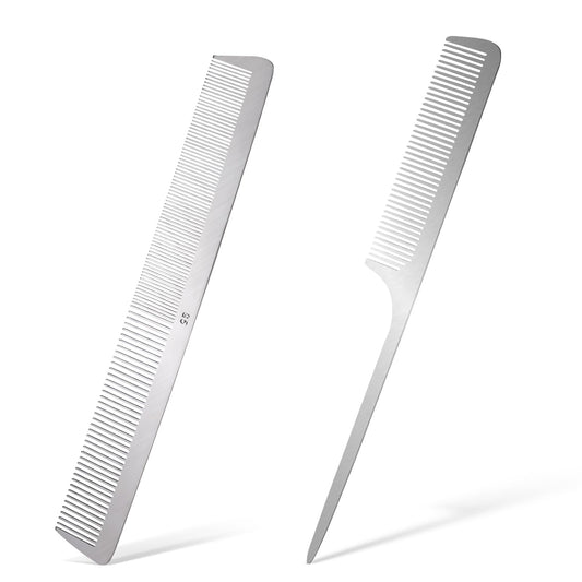 2 PCS Stainless Steel Hair Combs Metal Rat Tail Comb with Metal Pick Flat Top Barber Comb Teasing Pintail Comb Hair Styling Cutting Comb